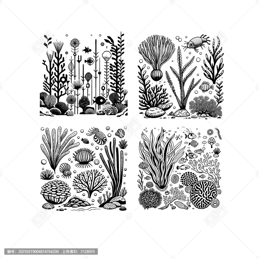 矢量黑白海底海草小魚植物珊瑚礁圖案