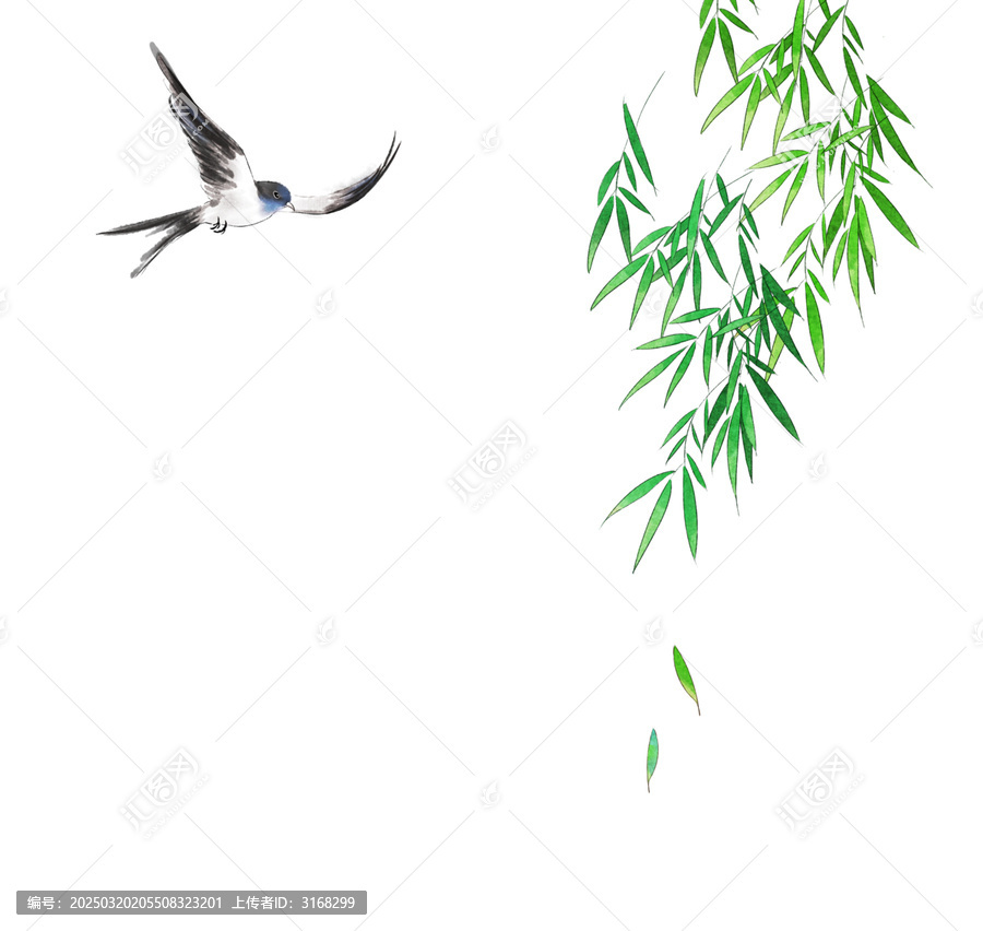 燕子飛過柳樹插畫元素