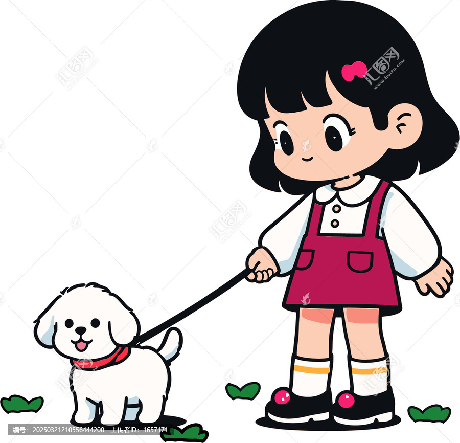 女孩狗卡通形象矢量插畫分層素材