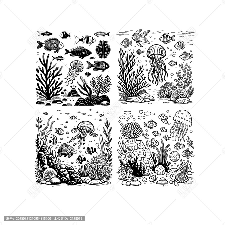 矢量黑白海底世界海草珊瑚礁烏龜水母圖案