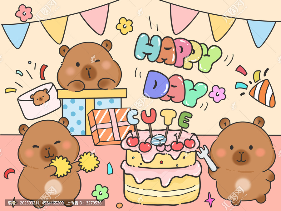 卡皮巴拉生日節(jié)日慶祝場景插畫