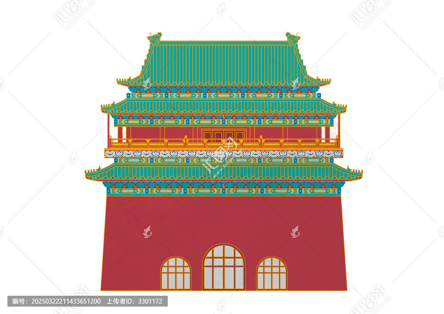 鼓樓水彩矢量建筑插畫素材