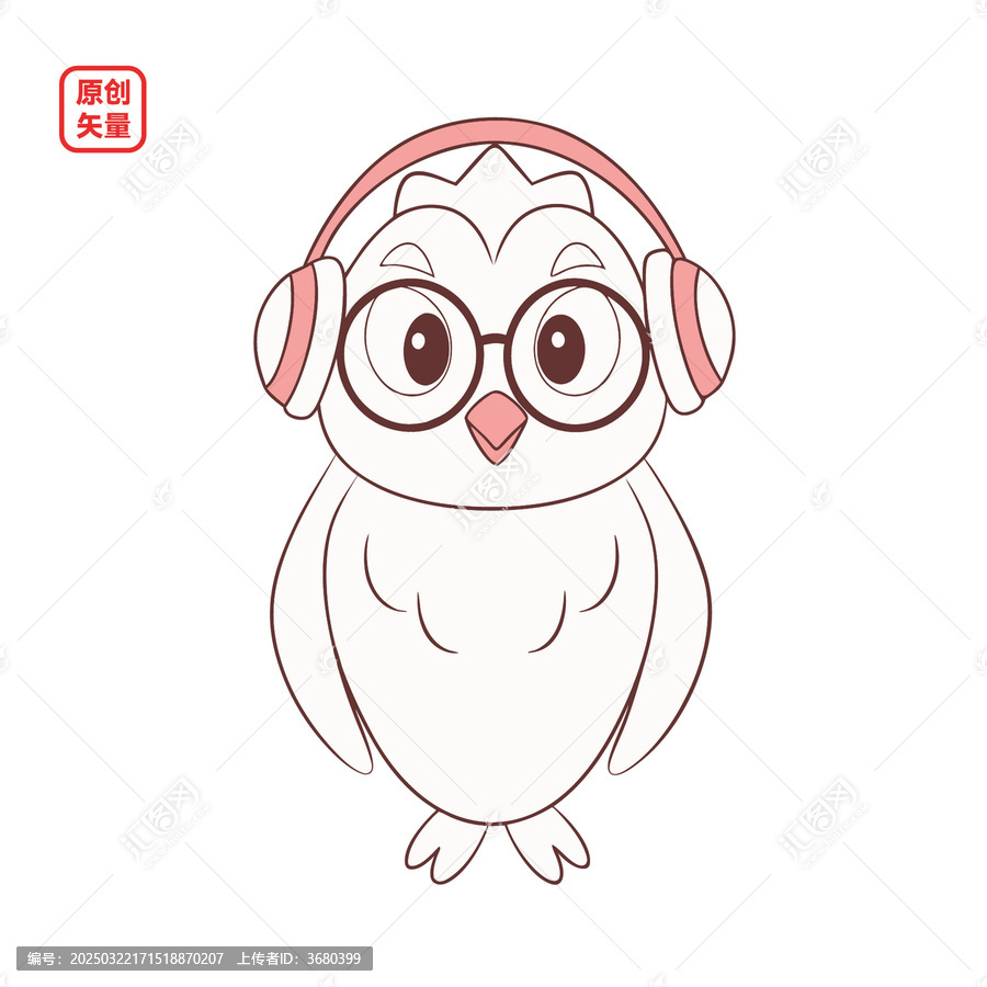 矢量插圖動(dòng)物簡(jiǎn)約線條戴耳機(jī)貓頭鷹