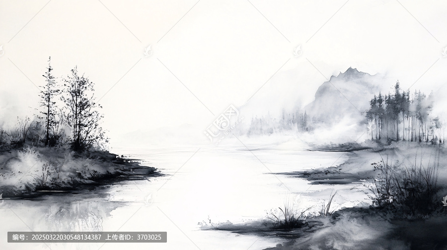 煙墨意境山水水彩畫