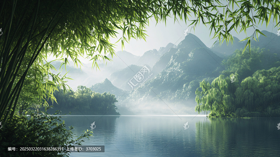 竹林河流山水