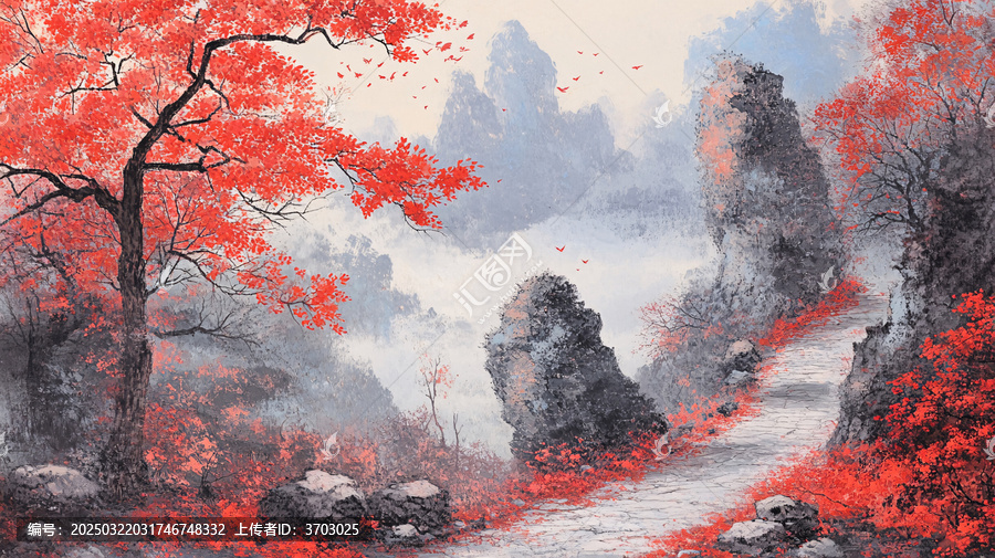 紅葉古風山水畫