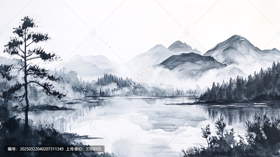 湖景水墨畫