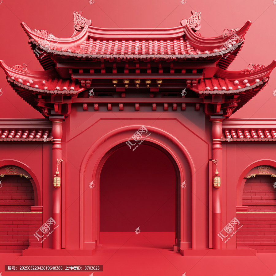 中式紅色大門圓拱門