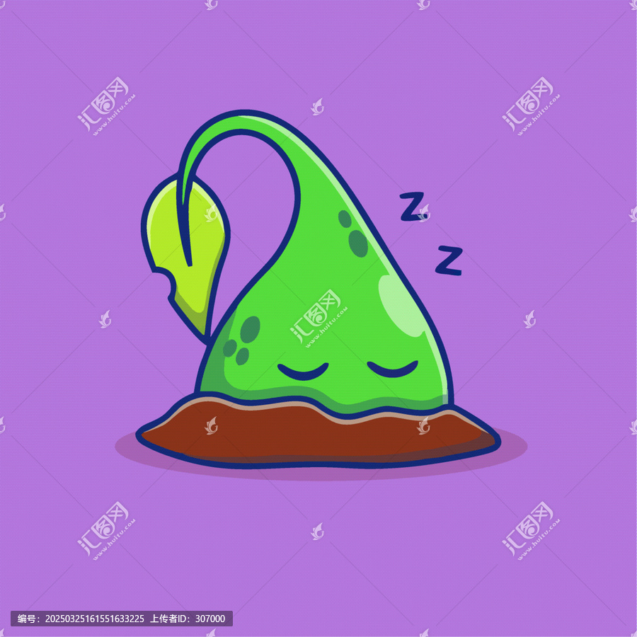 閉眼睡覺帶葉片的綠色卡通植物種子兒童插畫