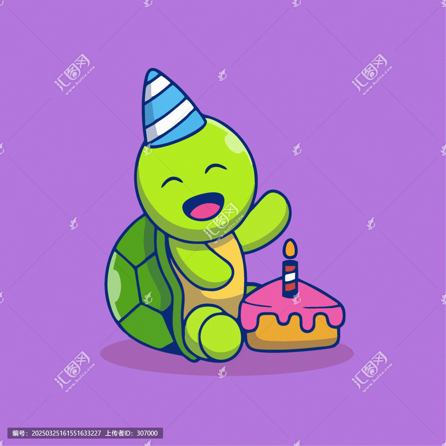戴派對帽旁有生日蛋糕的開心烏龜兒童插畫