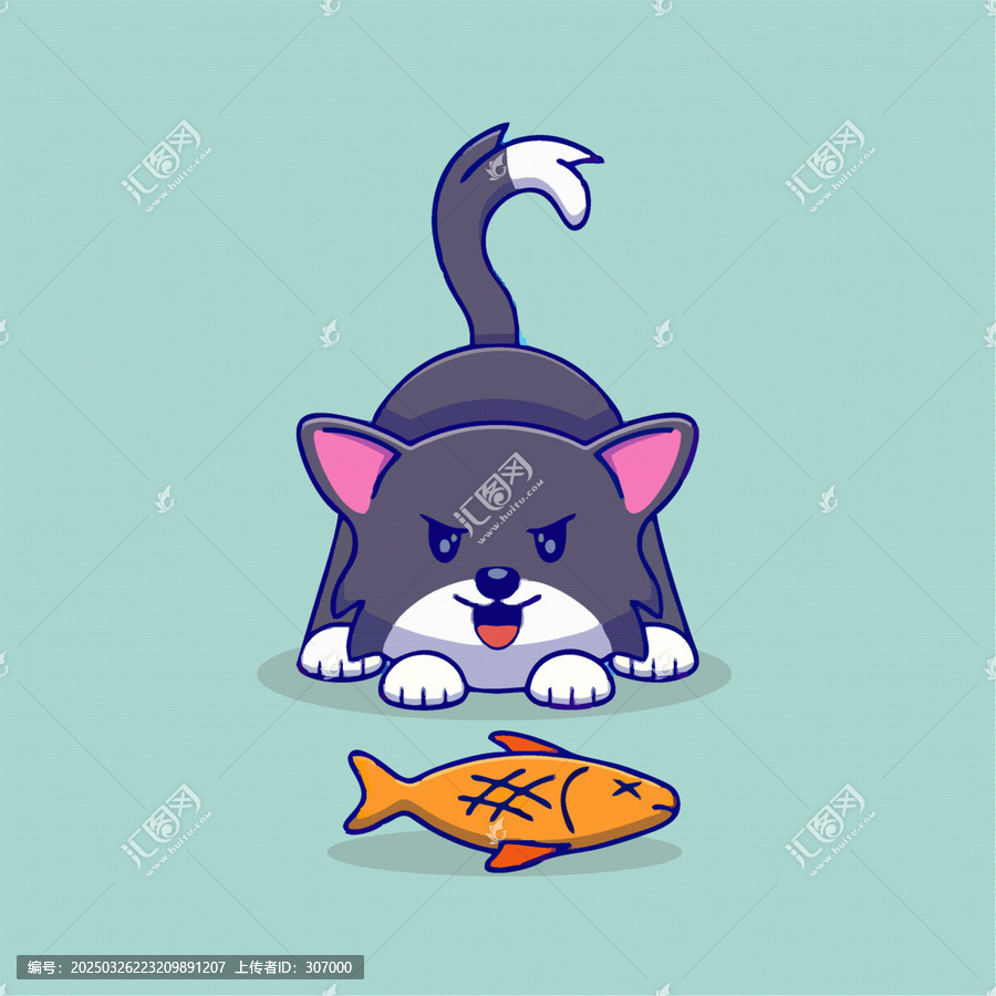 準(zhǔn)備撲向魚的灰色卡通小貓