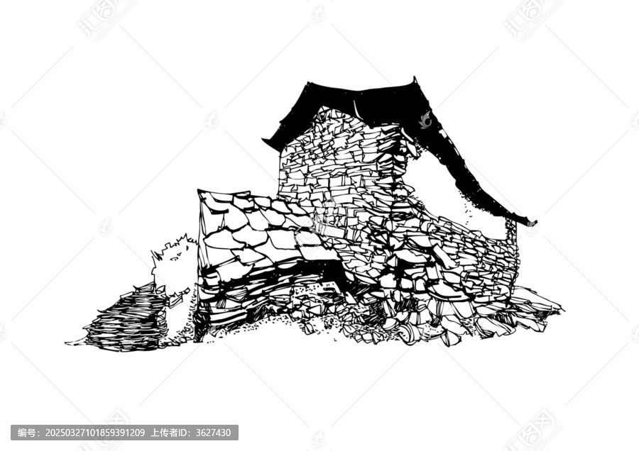 石頭墻石頭屋頂老房子鋼筆畫線稿手繪