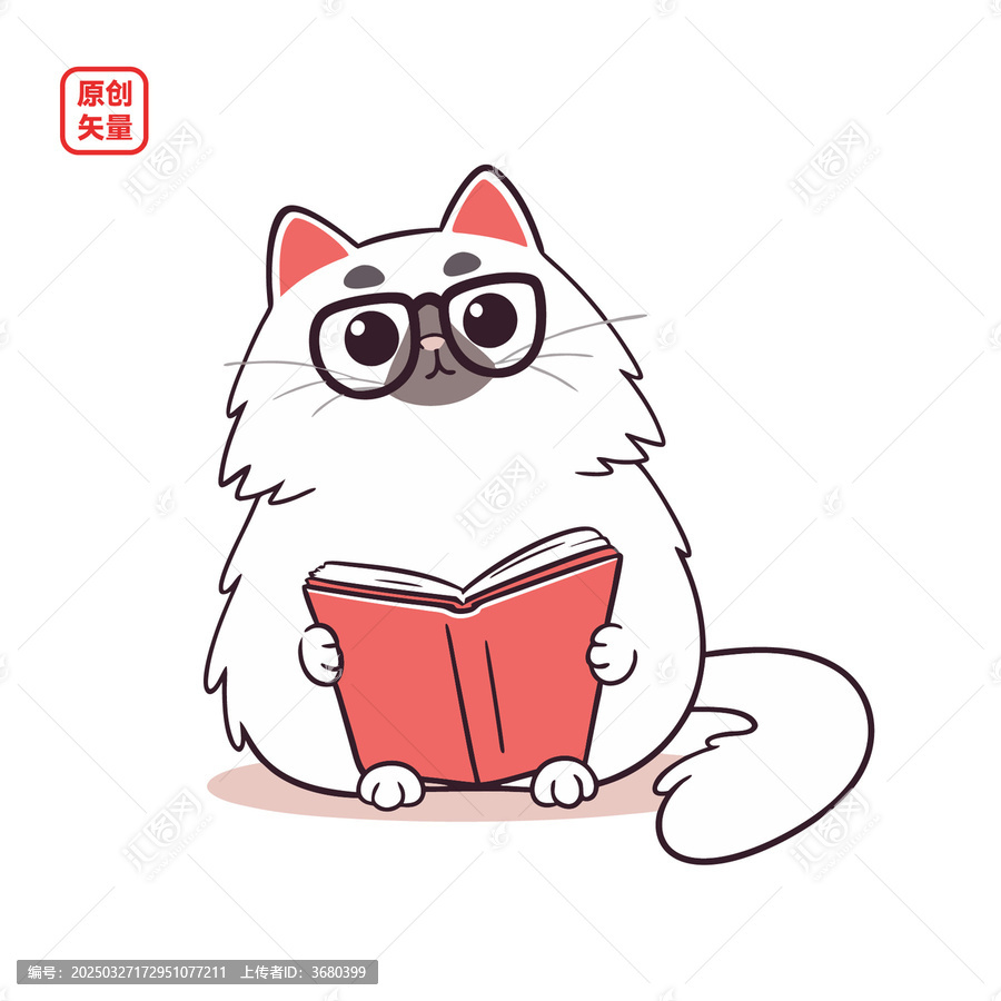 矢量插圖動物簡約看書小貓