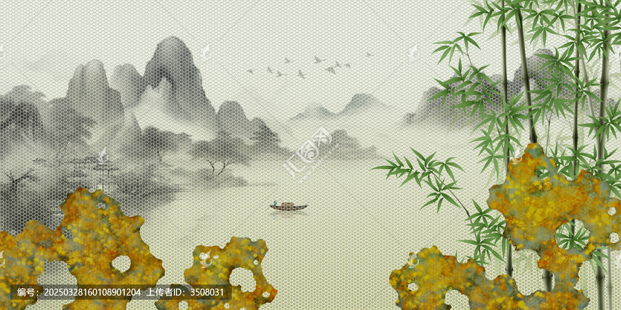 新中式竹子江山如畫背景墻