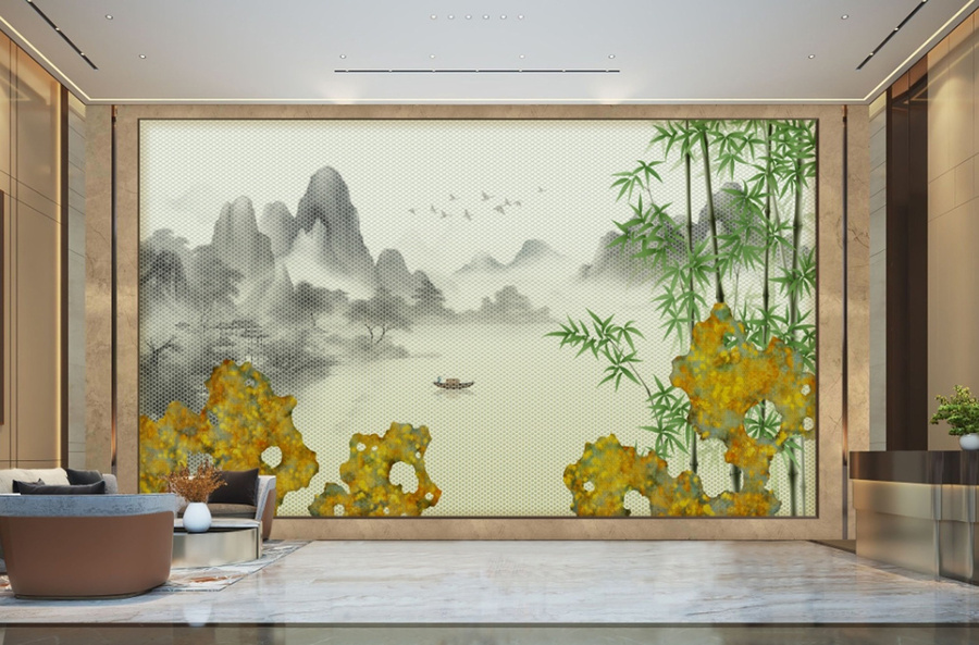 新中式竹子江山如畫背景墻
