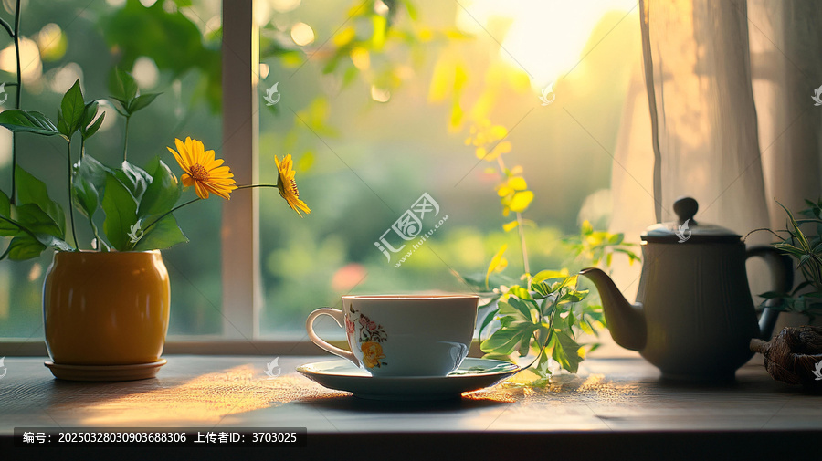 清晨窗外綠蔭下的黃花