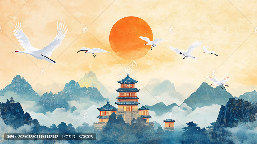 仙鶴樓閣古風(fēng)山水畫