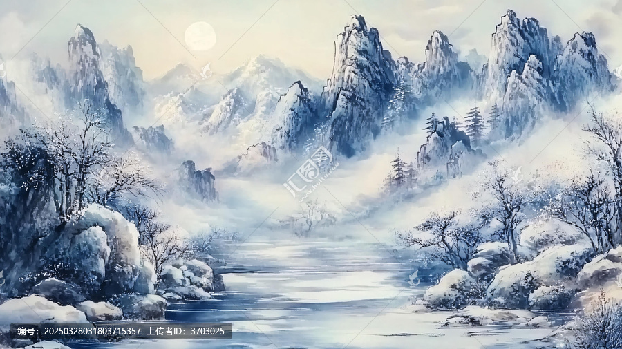 風(fēng)雪流水山脈油畫(huà)