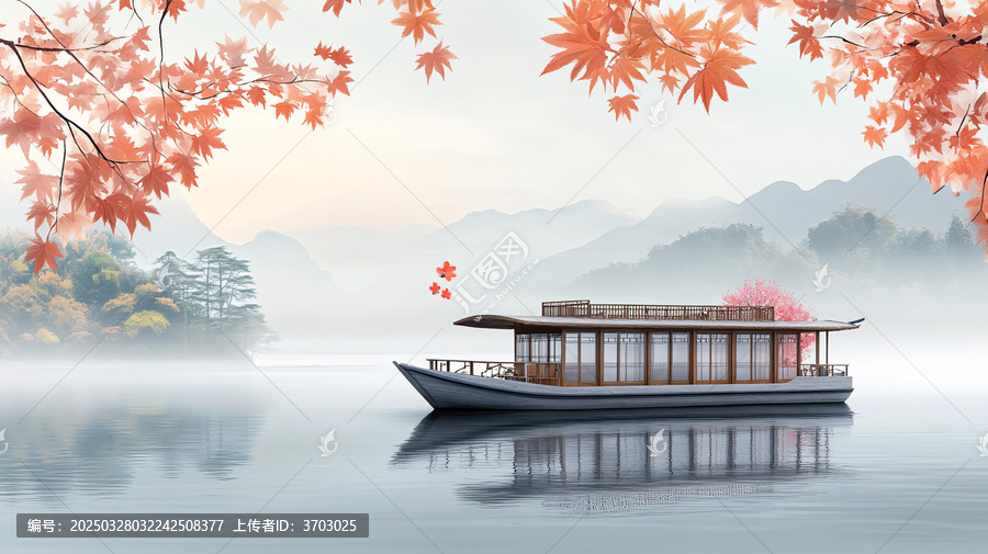湖畔木船秋色