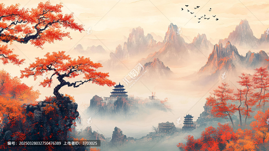 仙鶴樓閣古風(fēng)山水畫
