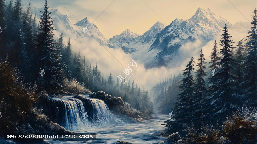 風(fēng)雪流水山脈油畫