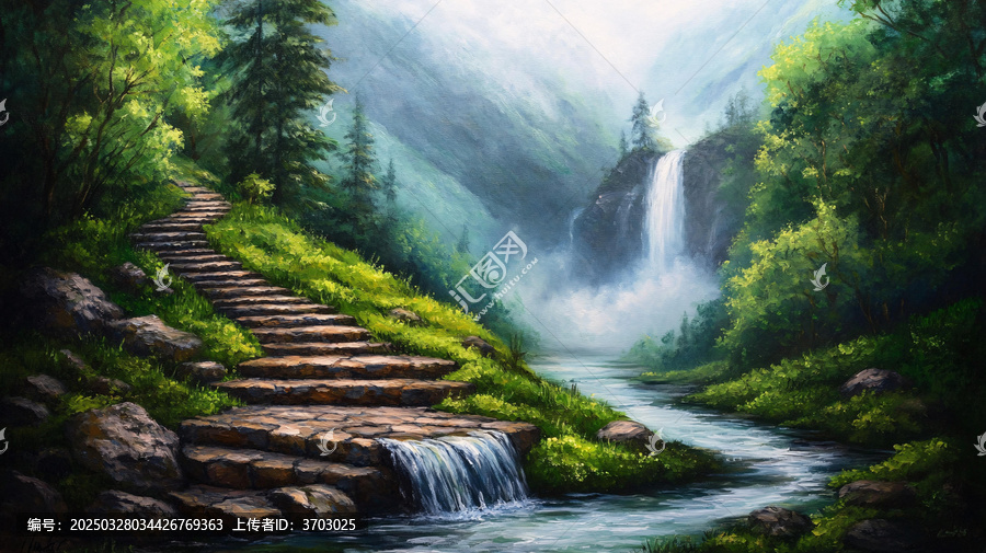 山水風(fēng)景油畫瀑布