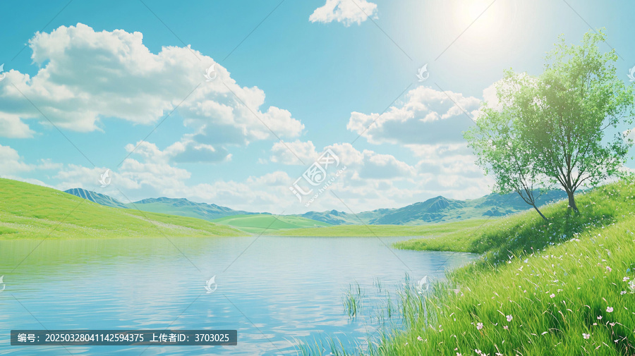 藍天草地河流