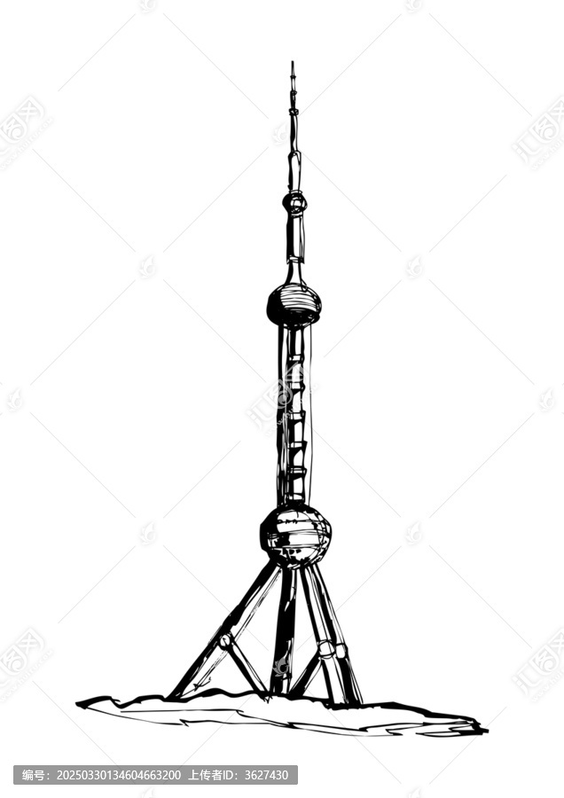 建筑手繪上海東方明珠塔鋼筆畫線稿