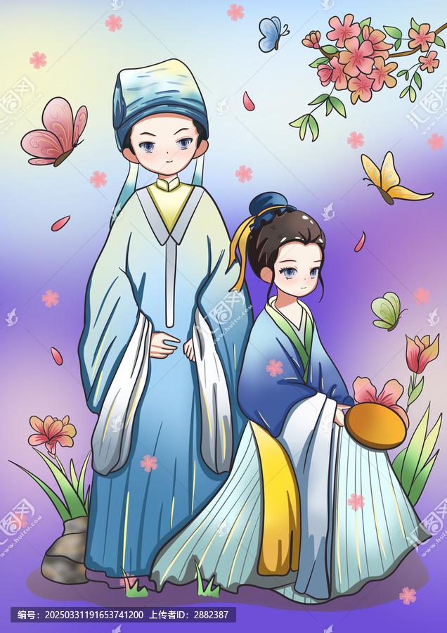 梁山伯祝英臺(tái)梁祝手繪卡通插畫(huà)結(jié)伴而行