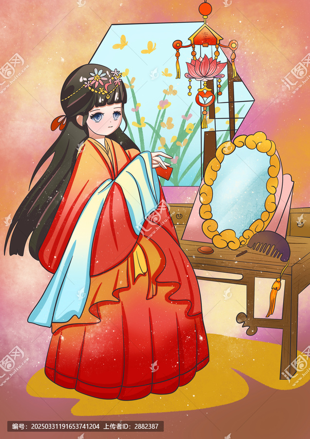 梁山伯祝英臺(tái)梁祝手繪卡通插畫出嫁鏡前梳妝