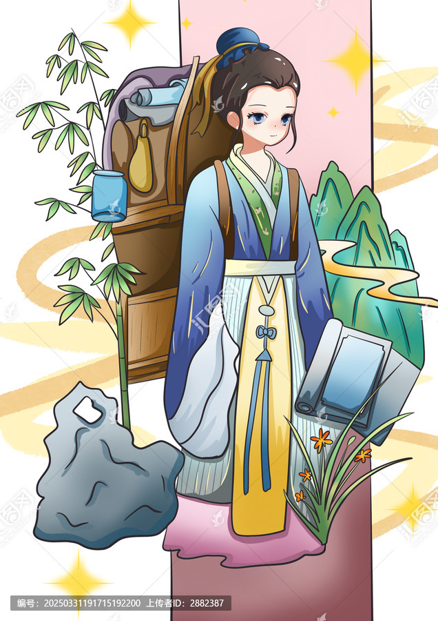 梁山伯祝英臺(tái)梁祝手繪卡通女扮男裝求學(xué)