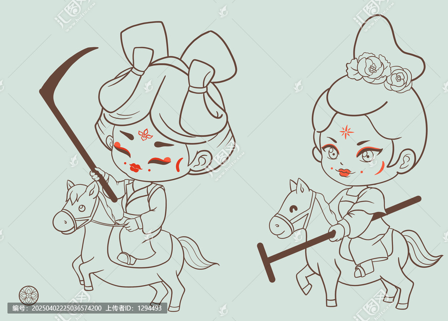 唐朝仕女騎馬打馬球線稿