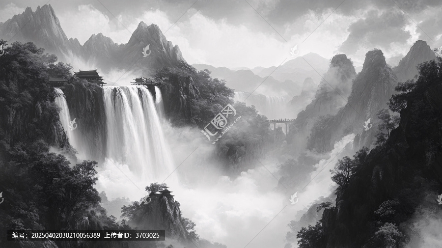 意境水墨山水瀑布