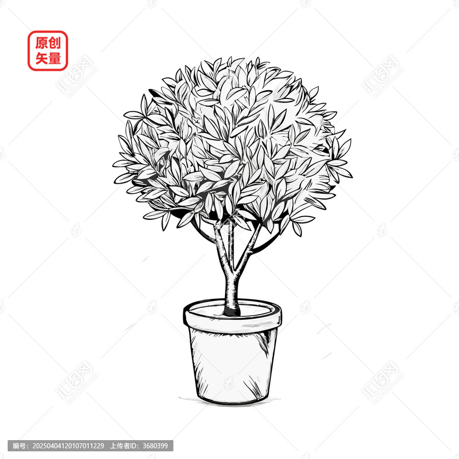 矢量插圖植物素描一顆盆栽綠植