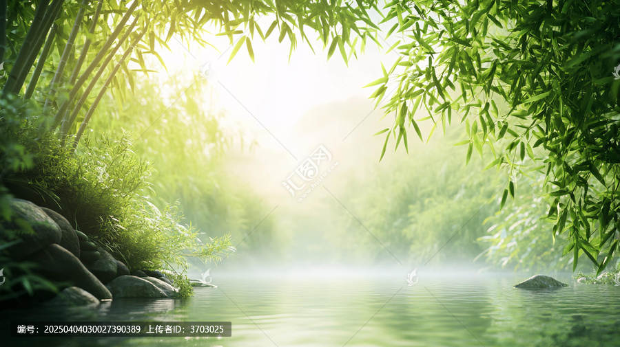 春天竹林瀑布晨曦唯美