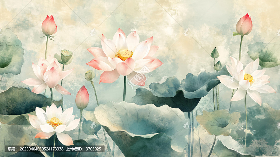 水彩荷花背景墻