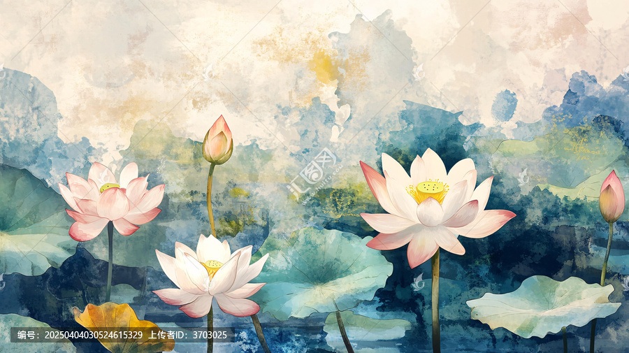 水彩荷花背景墻