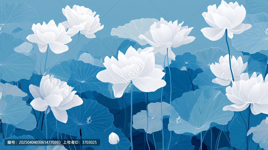 深藍背景荷花圖