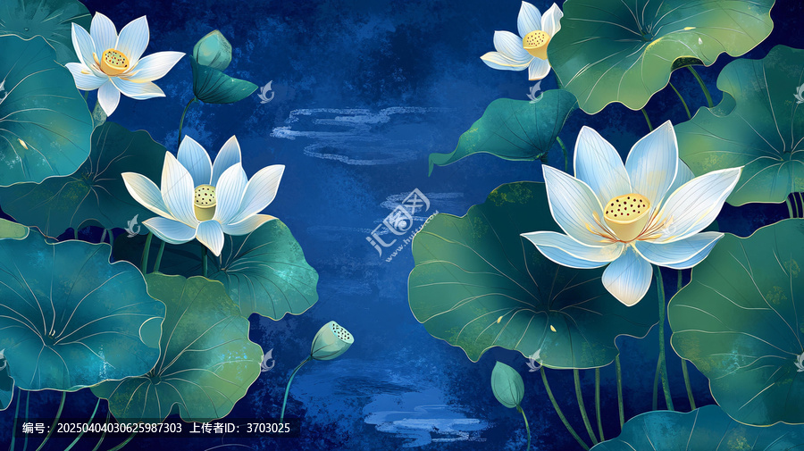 深藍(lán)背景荷花圖