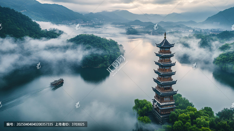 雨中塔影