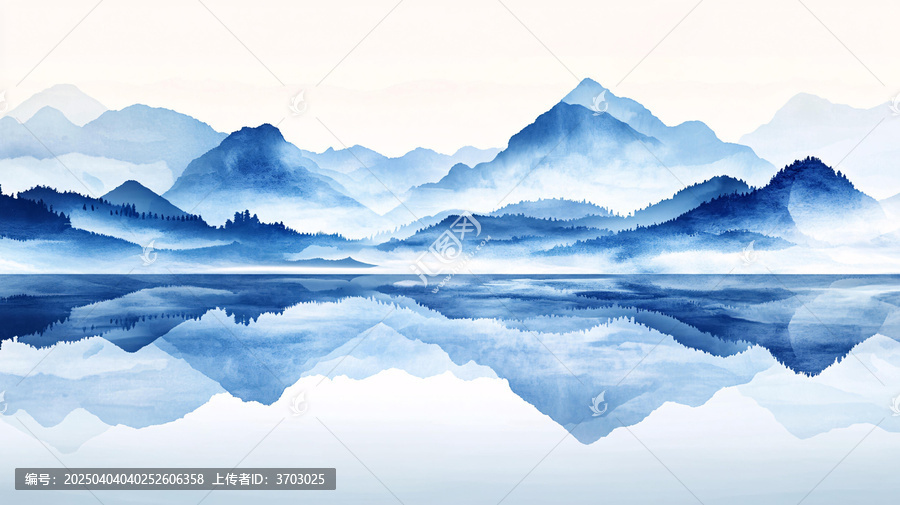 藍(lán)色水墨韻味山水畫