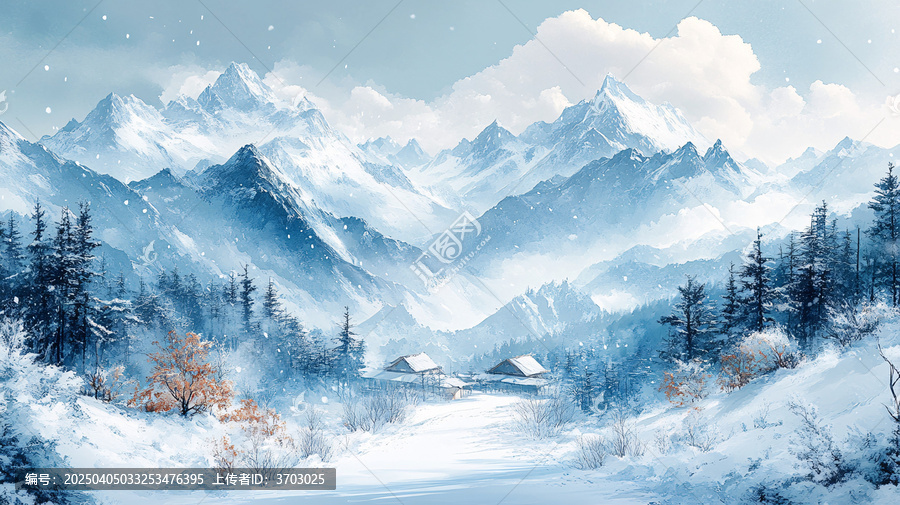 水彩白雪皚皚的群山在天空中的全景