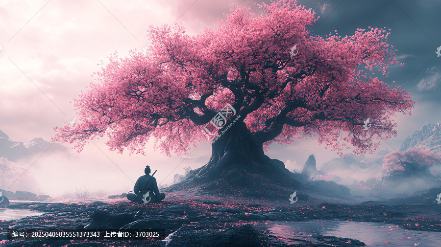 櫻花樹下武士冥想
