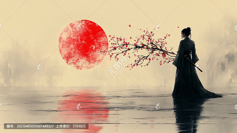 櫻花背景下武士靜立
