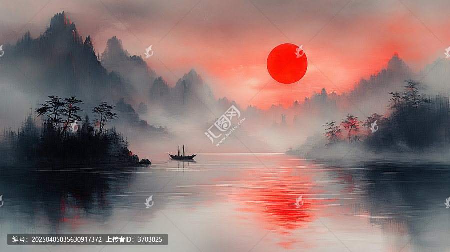 江上小舟紅日