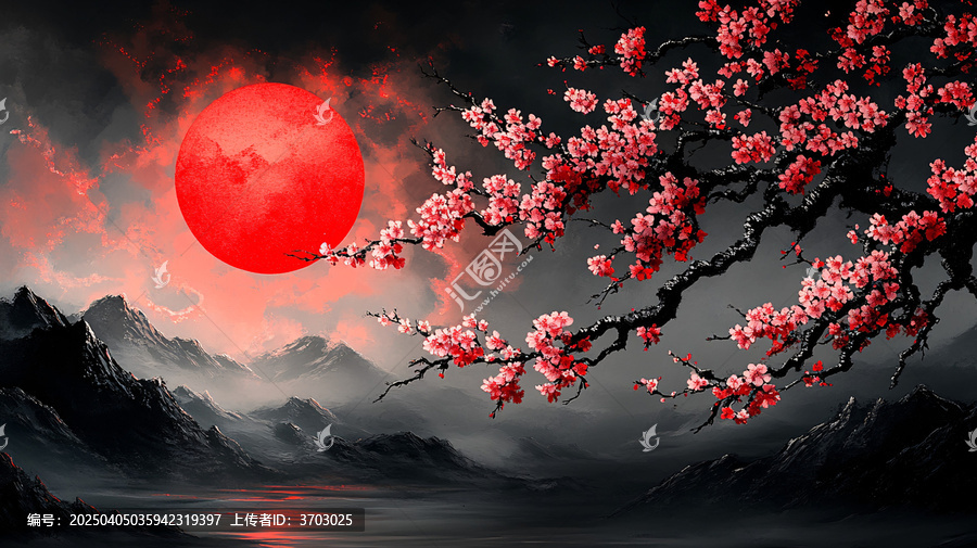 櫻花枝頭紅日升