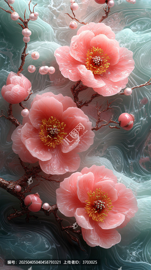 牡丹水波玉雕畫(huà)
