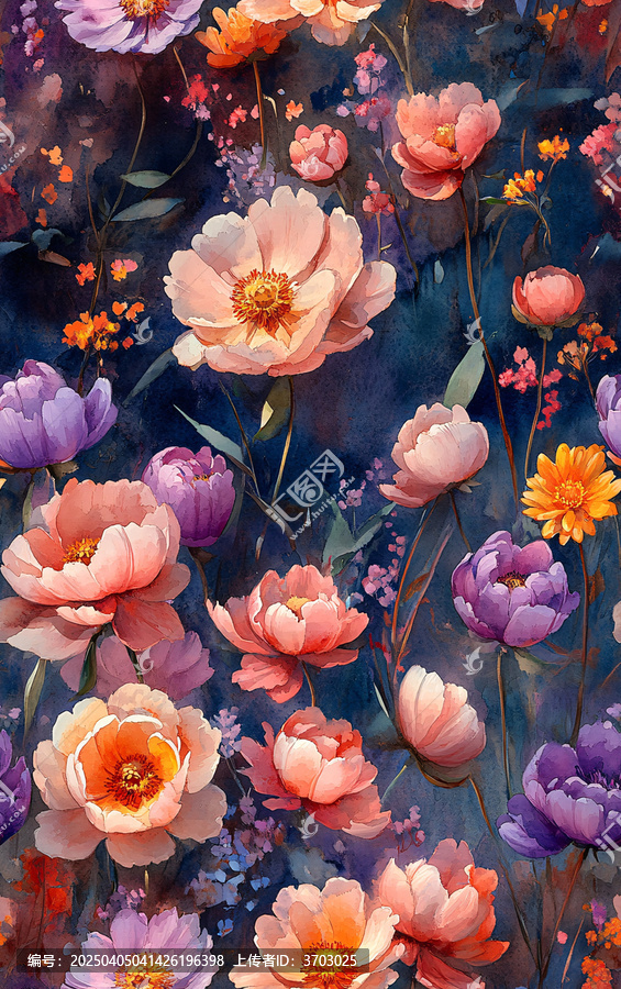 粉紫黃花浮水彩畫