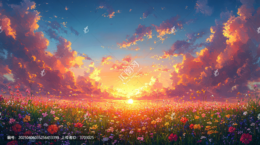 花邊草地夕陽圖