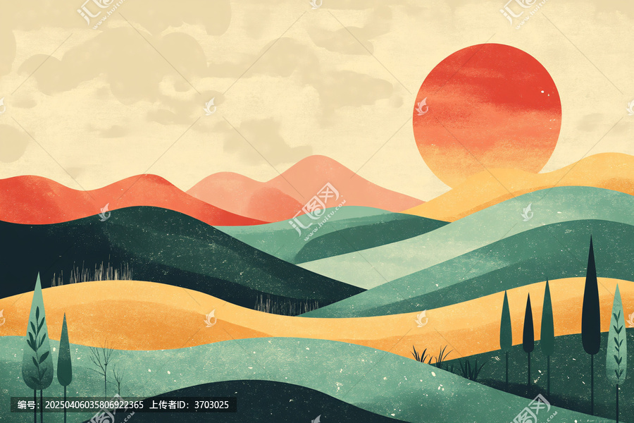 夕陽山丘樹影